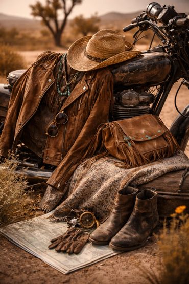 Vintage motorcycle gear with a leather jacket, boots, and hat in a desert setting.