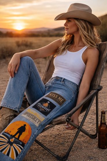 A woman in a cowboy hat relaxes outdoors at sunset.