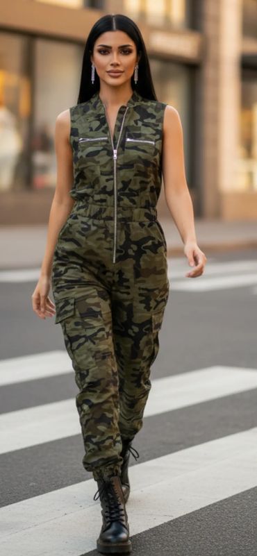 Woman confidently walking in a camouflage jumpsuit and black boots.