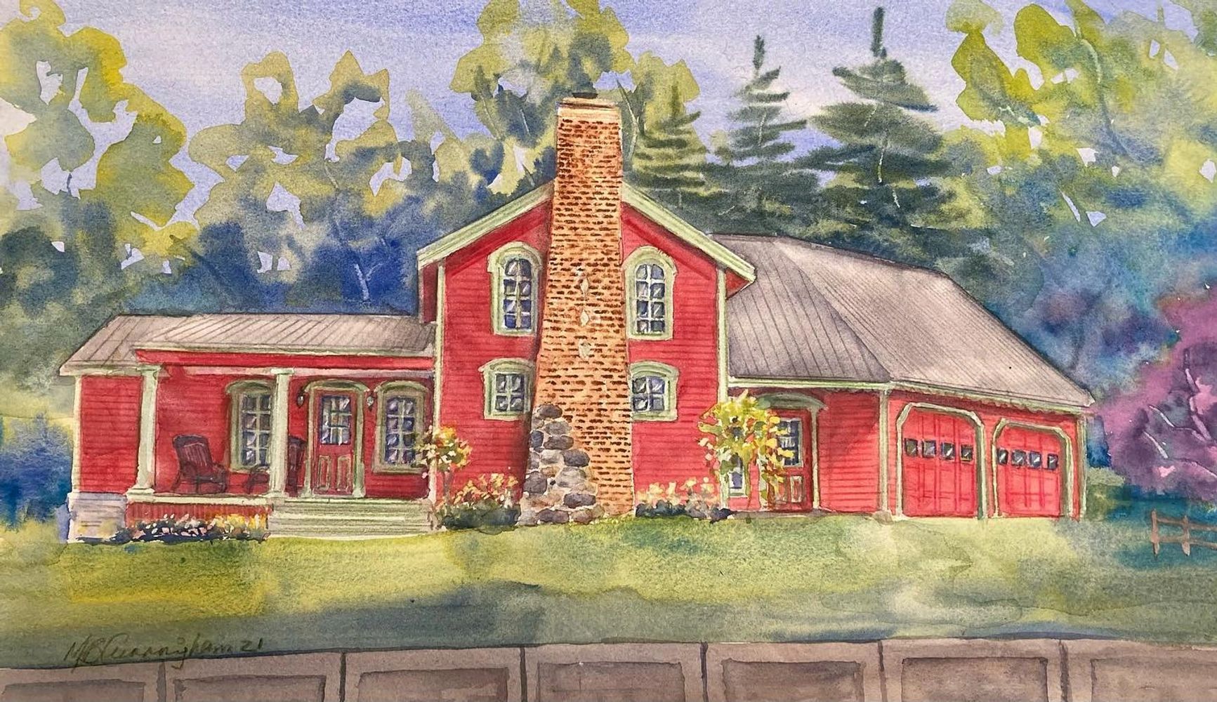 A watercolor painting of a red house done from a photo