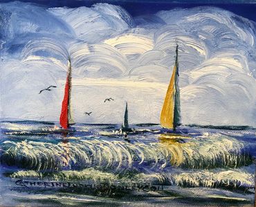 Oil seascape painting on canvas. 20" X 16"  Framed with black and gold frame. $345.
