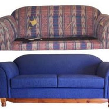 Comparison of an old patterned sofa and a new solid blue sofa with wooden base.
