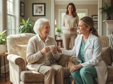 A nurse and elderly woman share a warm moment over tea.