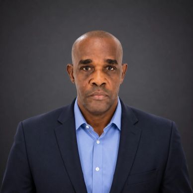 Professional serious man in blue shirt and dark blazer against gray background.