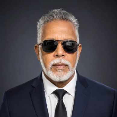 Confident older man in a suit and sunglasses.