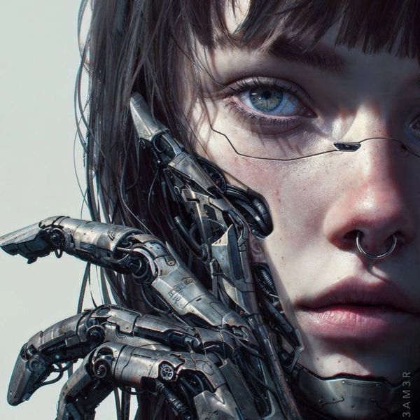 A young woman with robotic hand touching her face, blending human and machine features.