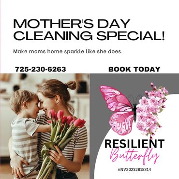 Mother's Day cleaning special with loving mother and child image, plus Resilient Butterfly logo.