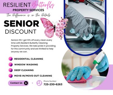 Senior discount cleaning services by Resilient Butterfly Property Services with 10% off for ages 55+.