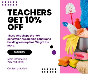 Cleaning service offers 10% discount for teachers with various cleaning supplies shown.