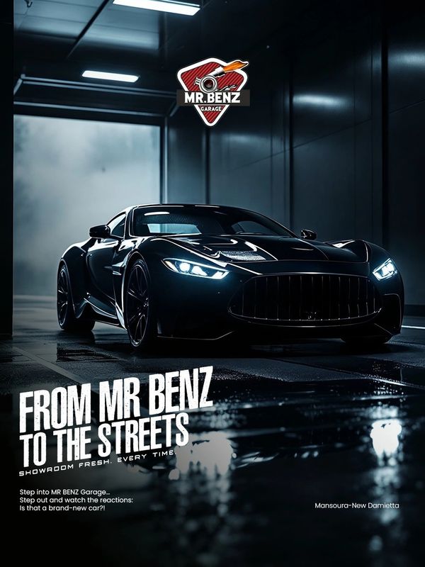 Sleek black sports car in a dim garage with headlights glowing.