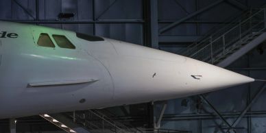 Nose and cockpit of a supersonic airplane.