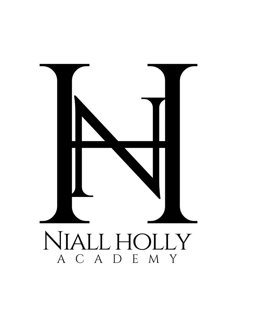 Stylized black and white logo for Niall Holly Academy with interlocking NH letters.