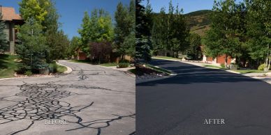 Side-by-side comparison of a cracked road before and after resurfacing.