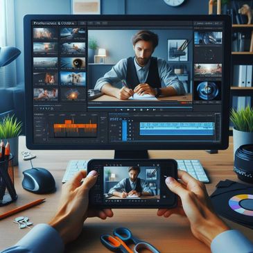 A person edits video footage on a computer and smartphone simultaneously.