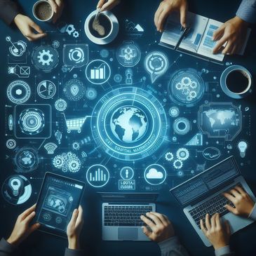 People collaborating with digital technology and data visualization around a globe.