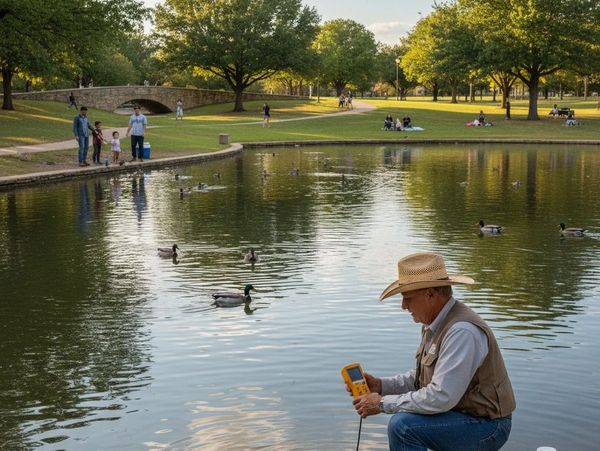 Man in a hat testing water in a park pond with ducks swimming nearby.