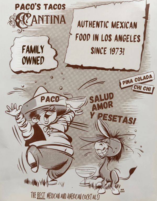 Vintage style menu poster for Paco's Tacos Cantina in Los Angeles.