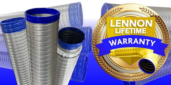 Flexible ducting hoses with lifetime warranty badge.