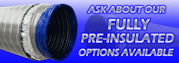 Pre-insulated flexible duct with promotional text.