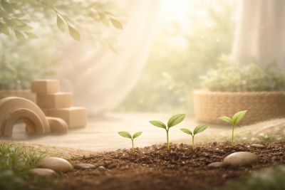 Four small green seedlings growing in soft soil with warm sunlight.