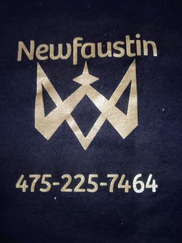 Gold logo and text for Newfaustin with a phone number on a dark background.