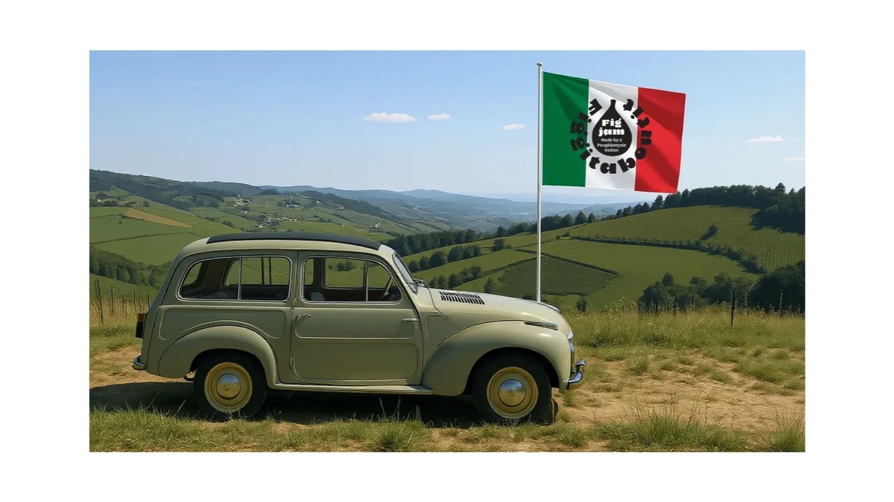 A vintage car parked on a grassy hill with a flag featuring Italian colors and text.