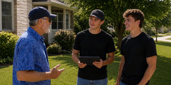 Two young men talking with an older man outdoors.