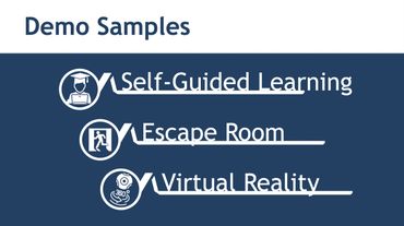 PowerPoint slide with demo links to self-guided learning, escape room, and virtual reality