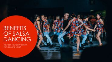 Keynote cover design for a salsa dance studio showing a dance team performing on stage