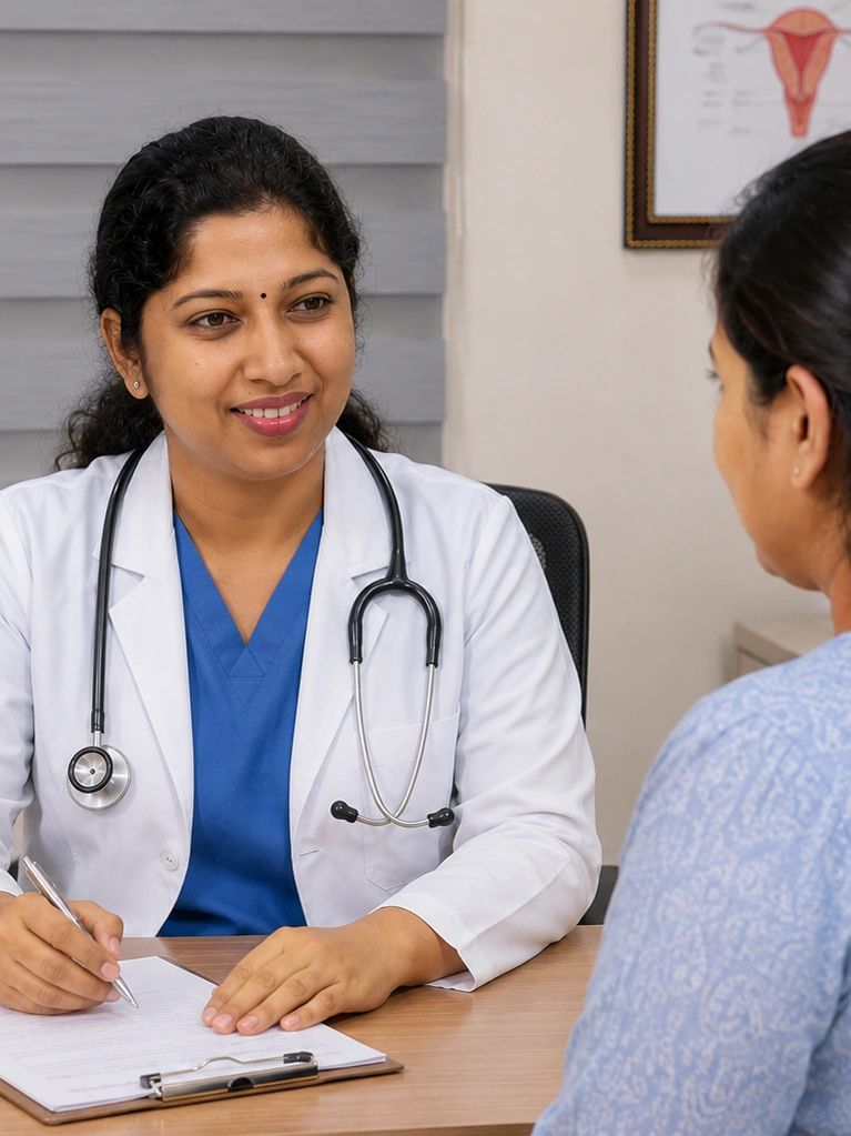 Doctor consulting a female patient in a gynecology clinic.