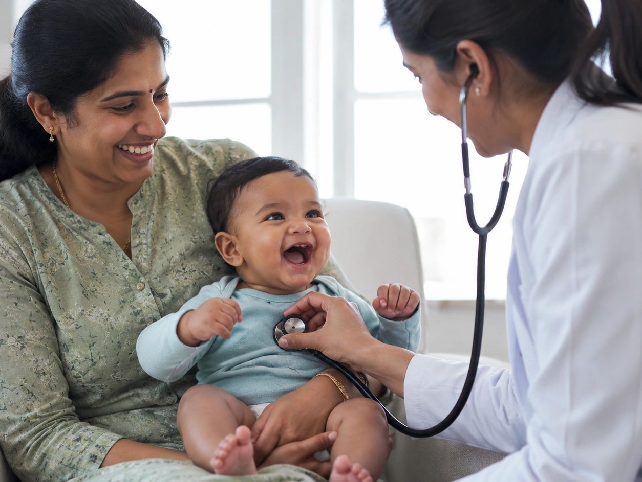 Happy baby getting a checkup with a doctor while mother smiles.