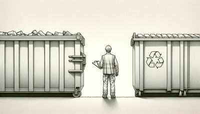 A person stands between a full trash bin and an empty recycling bin, contemplating waste choices.