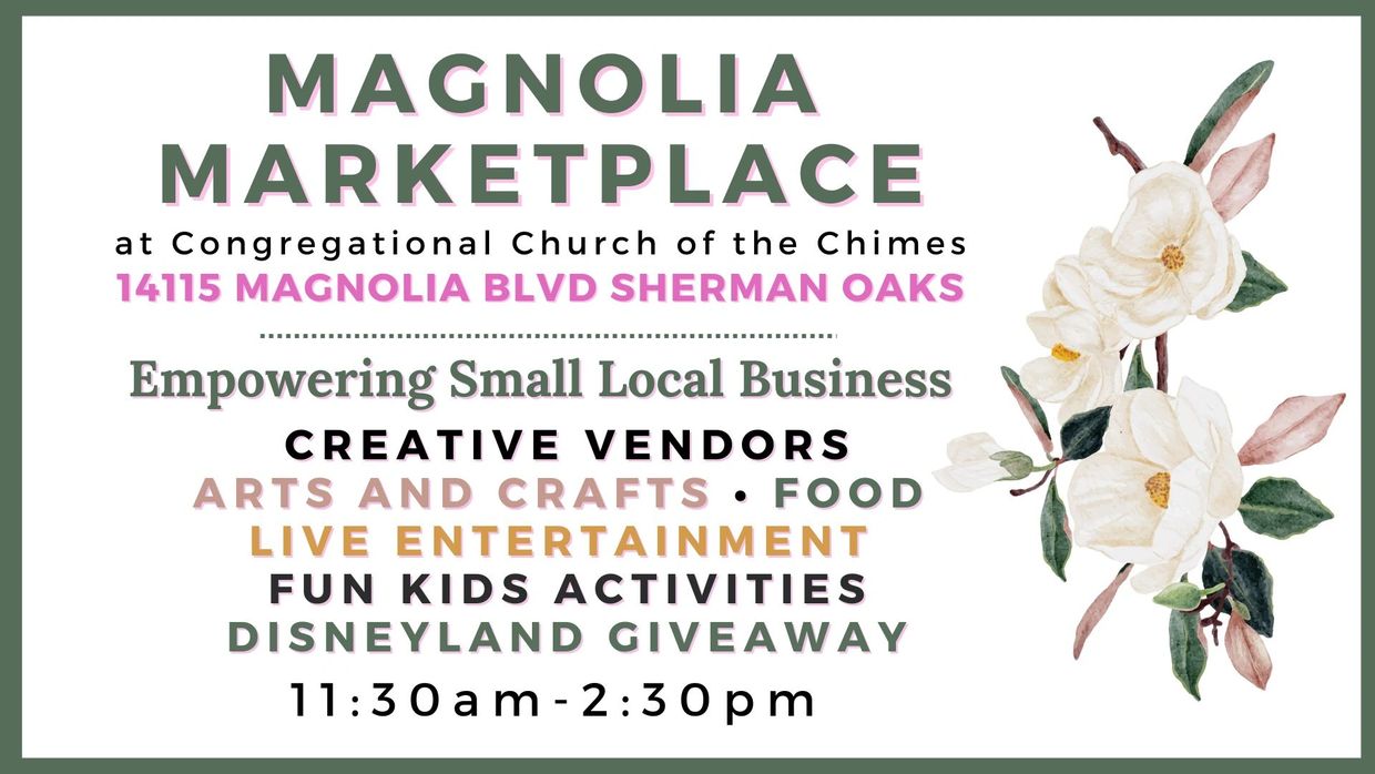 Magnolia Marketplace event promoting small local businesses with crafts, food, entertainment, and giveaways.