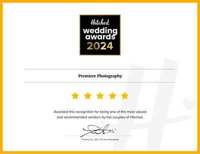 Award certificate of recognition for being a  recommended vendor by satisfied clients on Hitched