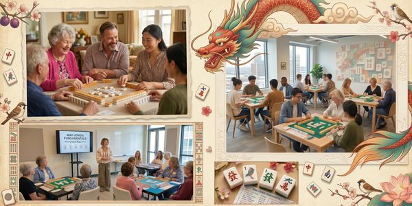 People of different ages enjoying and learning mahjong together in a lively setting.
