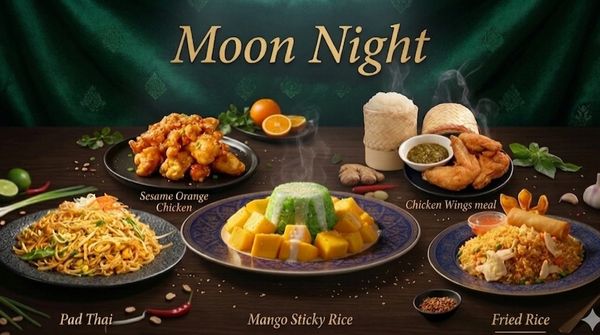 Assorted Asian dishes including Pad Thai, Sesame Orange Chicken, Mango Sticky Rice, Chicken Wings, and Fried Rice.