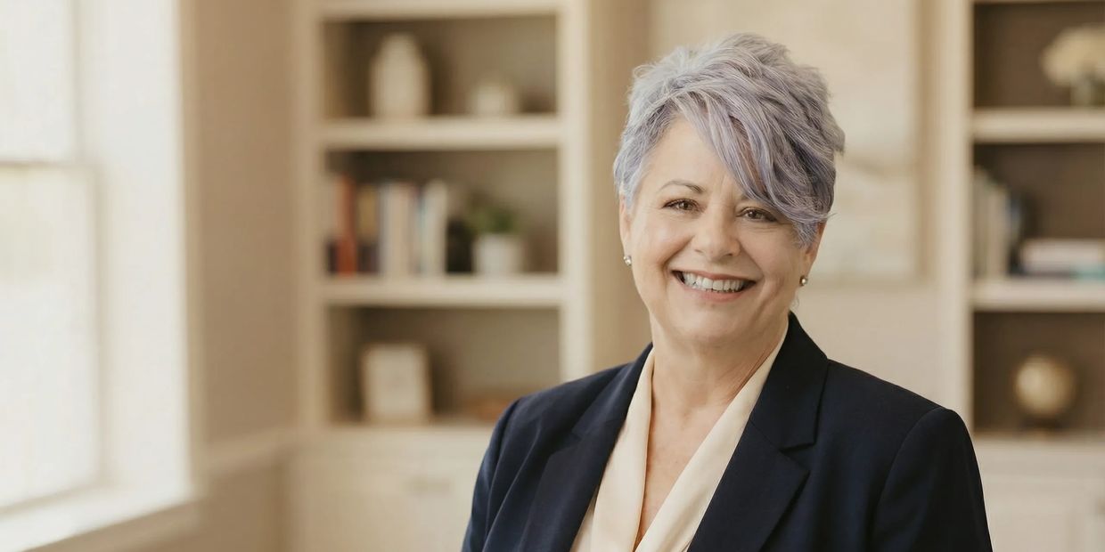 Smiling older woman with short gray hair in professional attire.