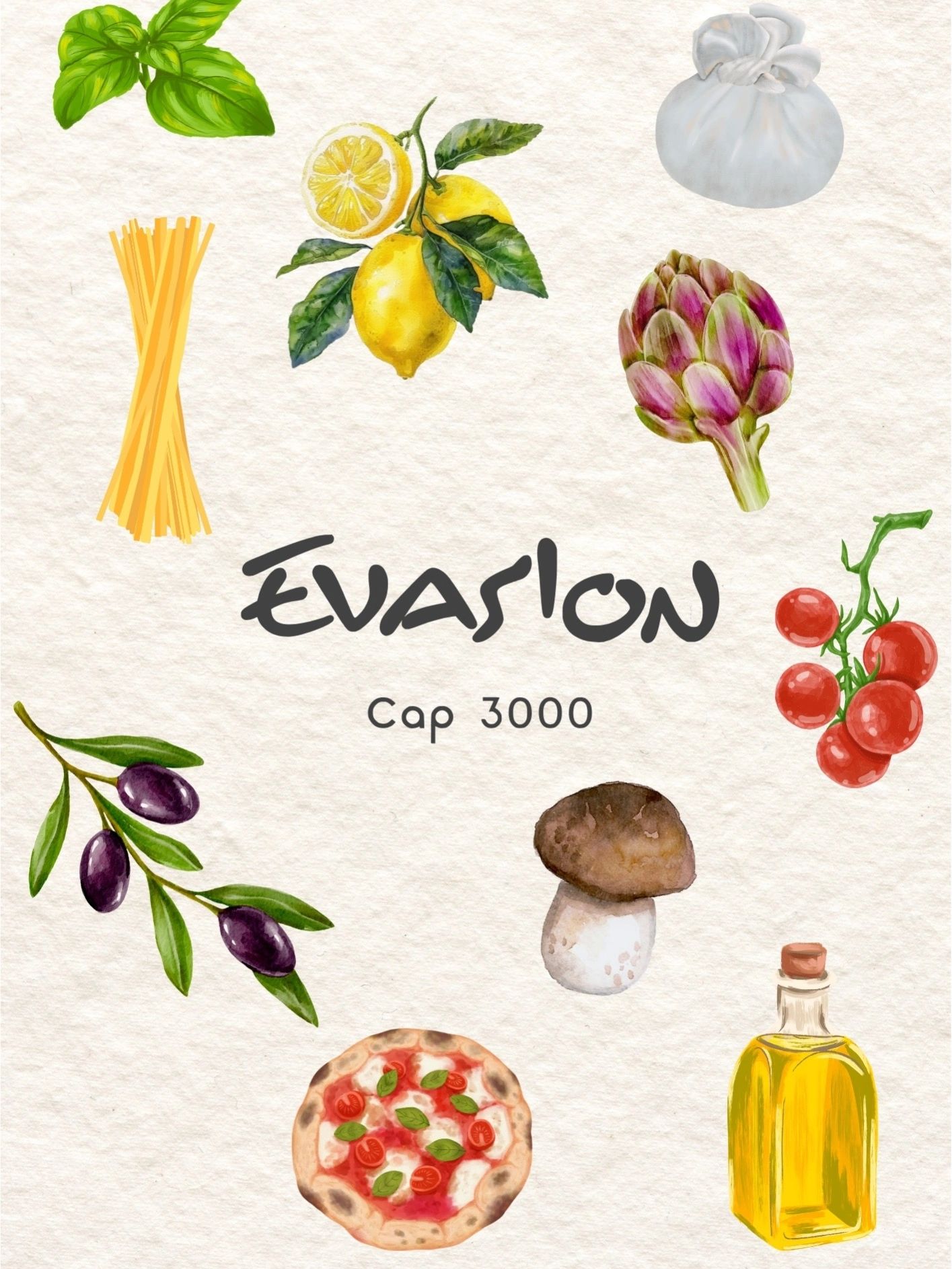 Couverture de la carte du momet avec des visuels de citrons, artichauts, pizzas, champignons