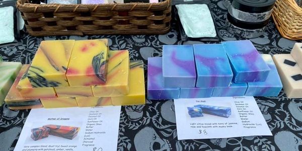 Local artisan displays hand-made natural soaps at Pine Bush First Fridays, Pine Bush NY