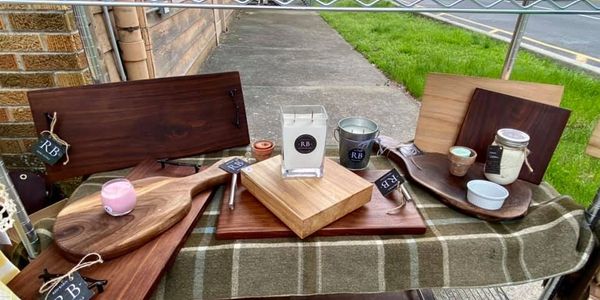 Local artisan displays hand-made cutting boards at Pine Bush First Fridays, Pine Bush NY