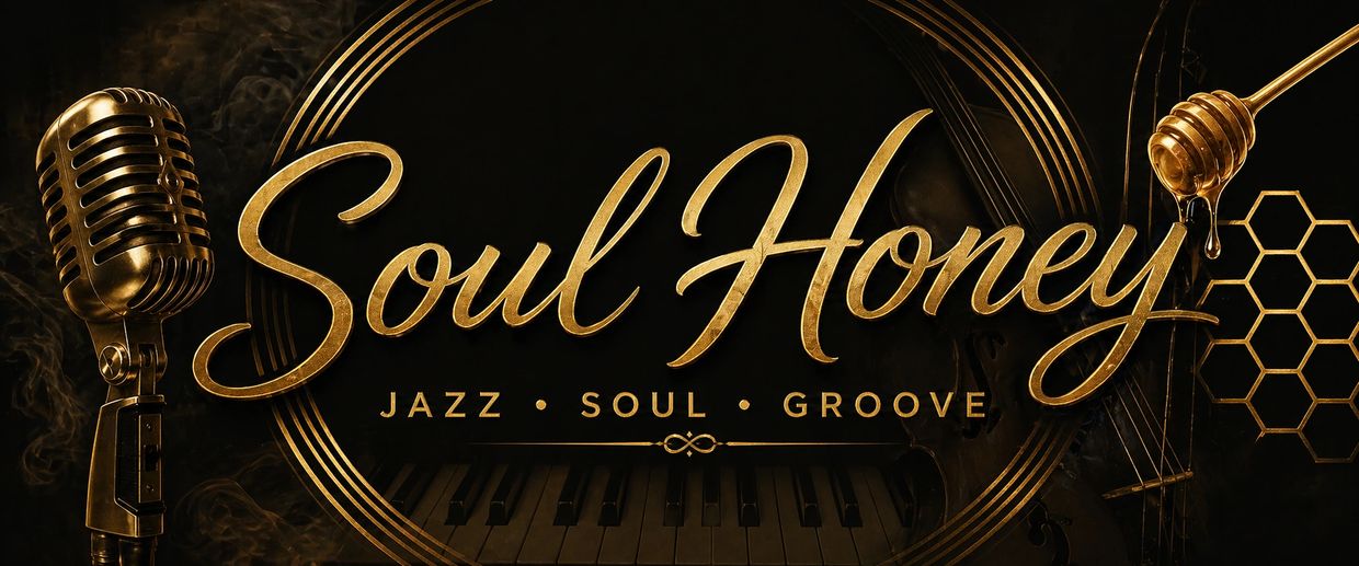 Elegant gold text 'Soul Honey' with jazz elements on black background.