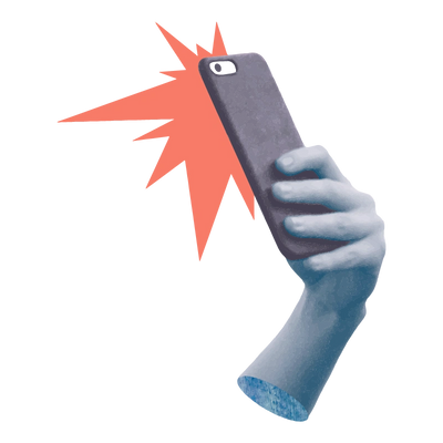A blue-toned hand holding a smartphone with a red burst behind it.