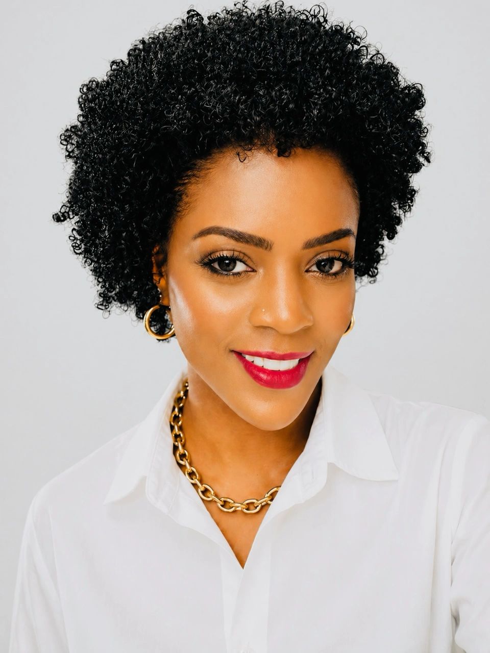 Woman with curly hair and red lipstick.