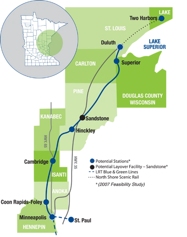 A green and white county map of the NLX corridor. The map highlights different train connections. 