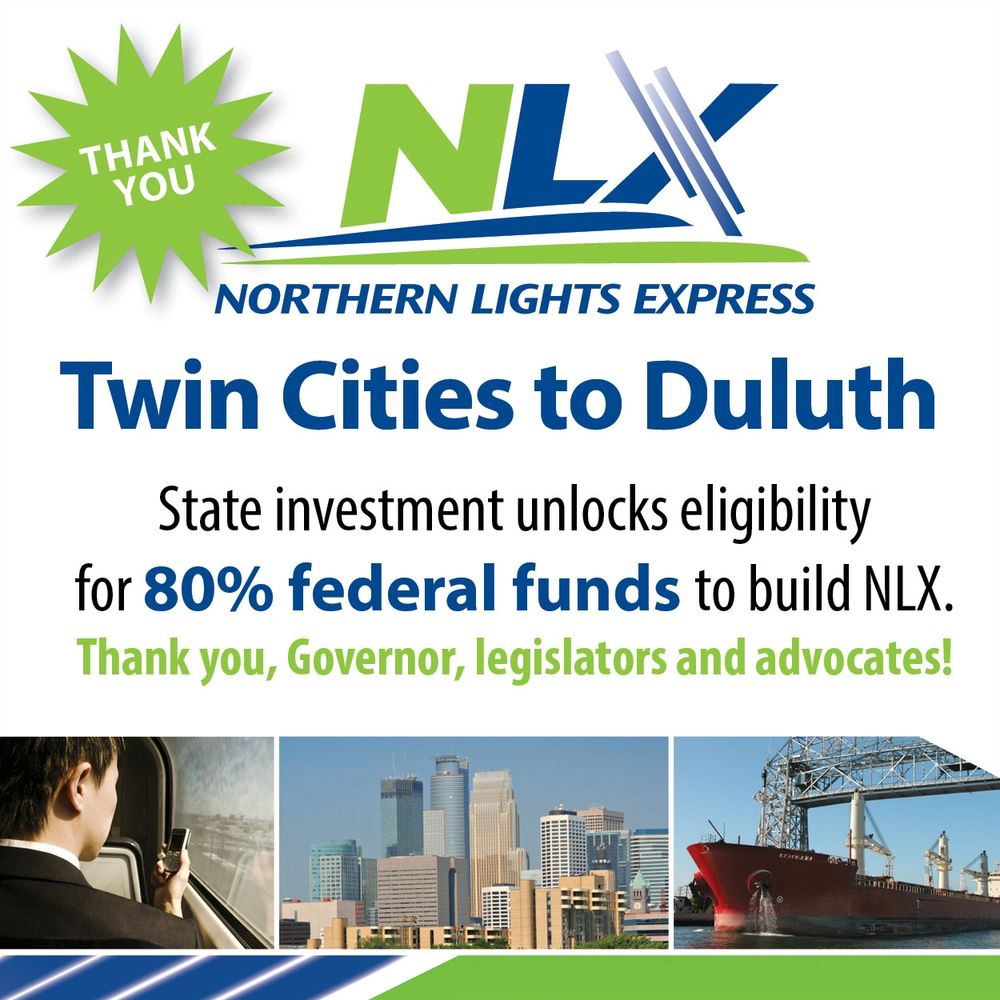  A thank you card from NLX that says, "Twin Cities to Duluth, State investment unlocks eligibility"