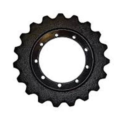 Black sprocket gear with teeth and mounting holes.