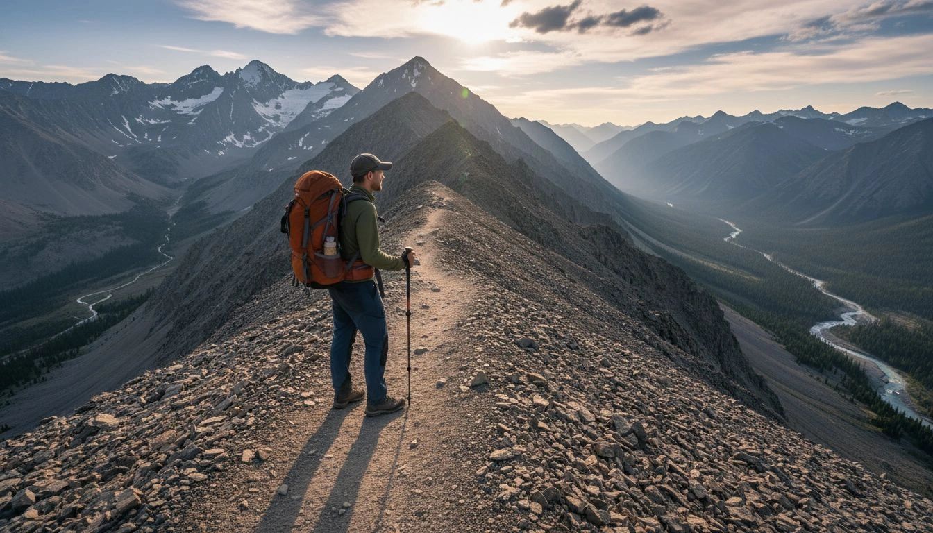 Hiker stands on a mountain ridge overlooking a vast valley and winding river.