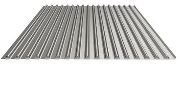 Corrugated metal sheet with alternating ridges and grooves.