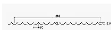 Technical drawing of a corrugated sheet with dimensions 800 mm by 16.5 mm.