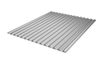 Corrugated metal sheet with evenly spaced ridges and grooves.